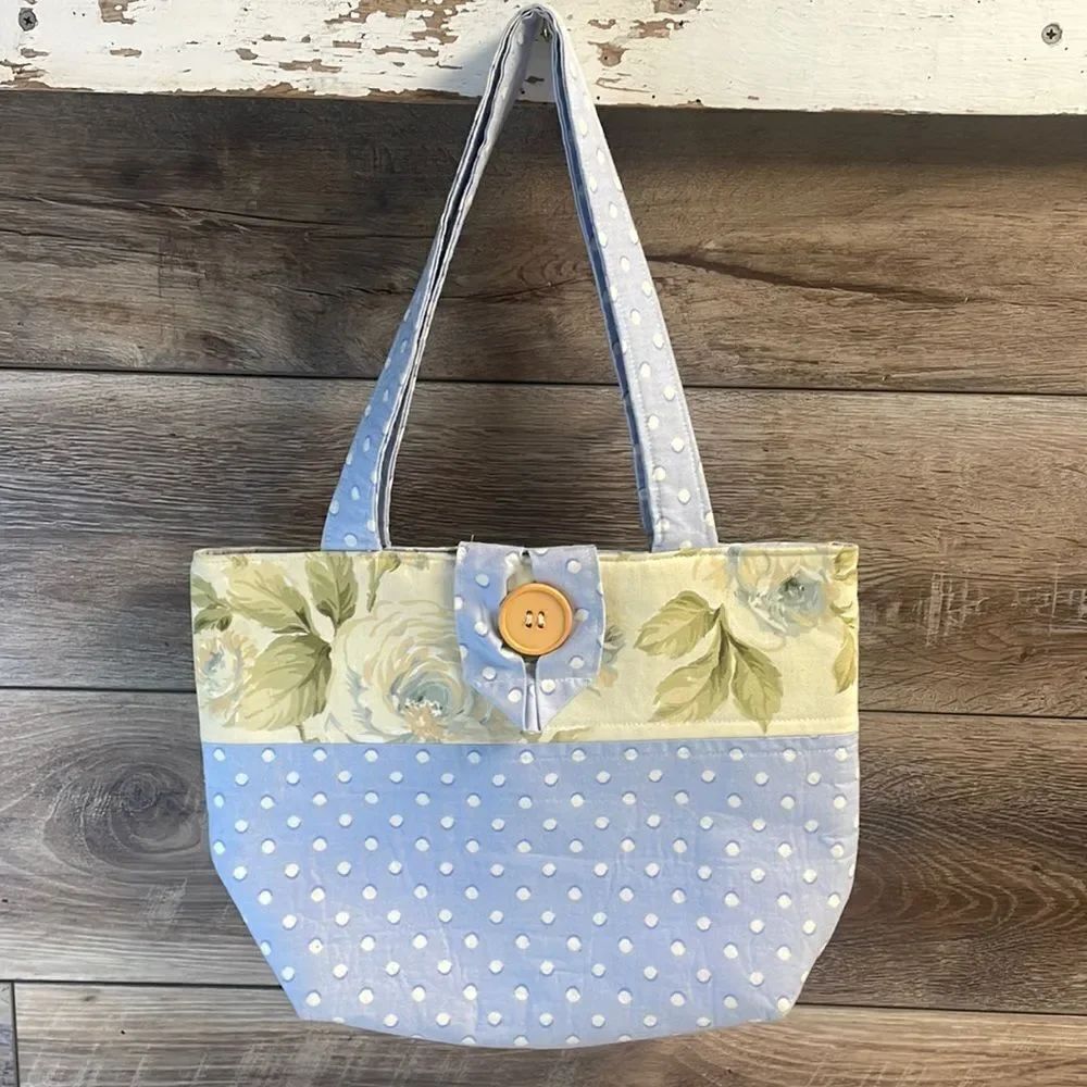 Handmade Polka Dot Floral Durable Tote Purse Large Button Closure Lunch Beach